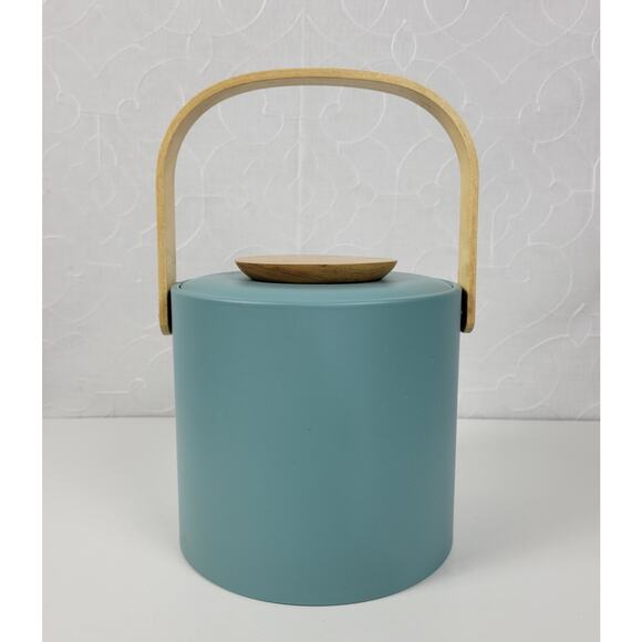 Vintage Georges Briard Ice Bucket with Handle Blue MCM Leatherette and Wood - Picture 6 of 15